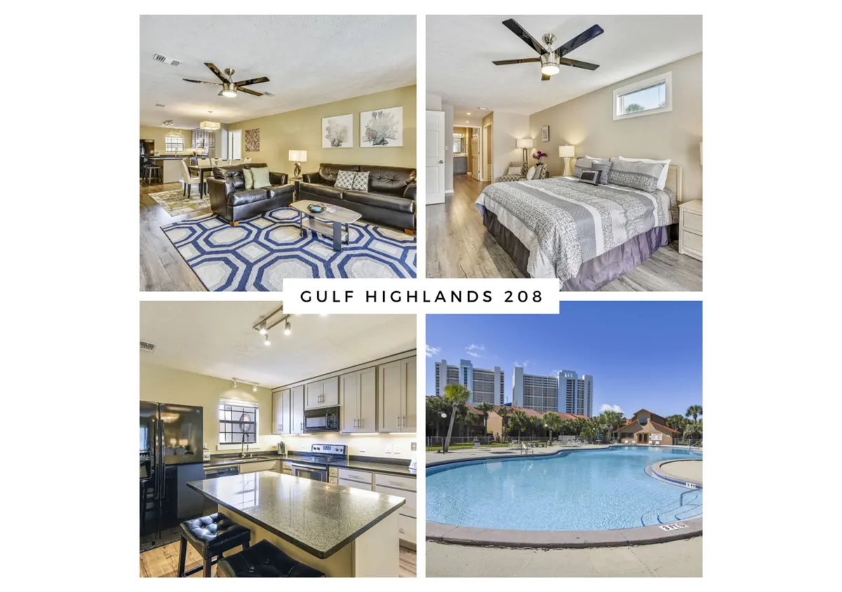 This image showcases the inviting open-concept living space of a modern beachfront condo. The scene features a plush king-size bed with stylish bedding in a tranquil bedroom, a spacious living area with dark leather sofas perfect for relaxing, and a sleek kitchen with an island and bar stools for gathering and dining. The overall ambiance is calm, comfortable, and welcoming, with thoughtful layout and high-end furnishings.